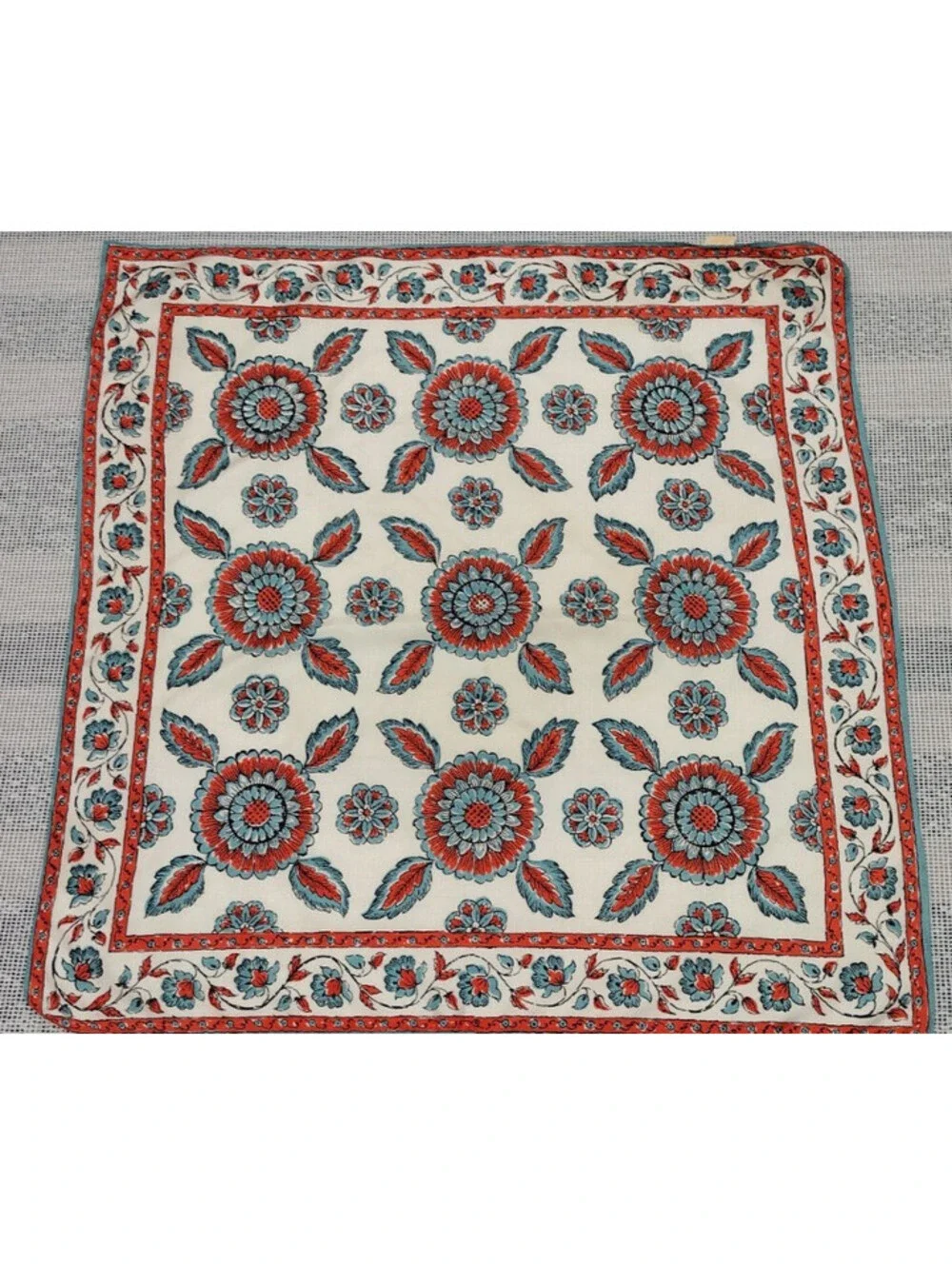 Vintage Glentex 1950s Bohemian Indian Scarf Terra Orange Floral 50s Blue Border
